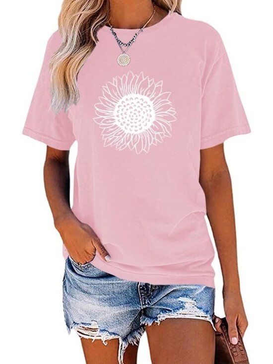 Tops - Women's Pink Crew Neck Short Sleeve Sunflower Graphic Vintage Tee Shirts Tops